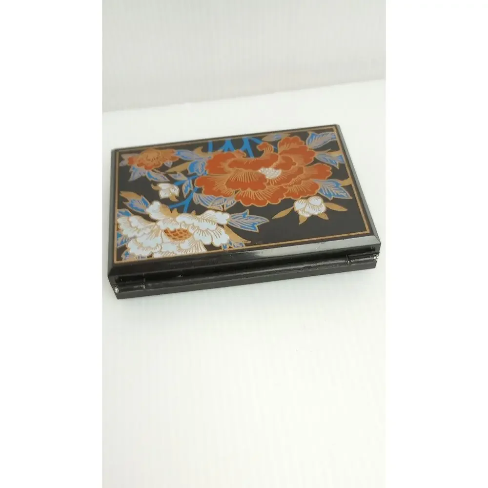 Vintage Floral Asian Mirror Compact Jewelry Trinket Box Black Plastic 1980-90s